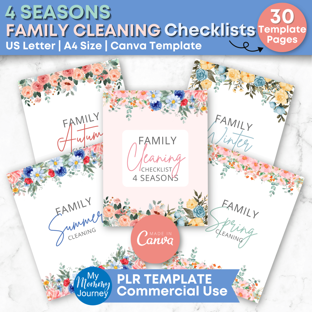 Family Cleaning Checklist 4 Seasons PLR Canva template cover